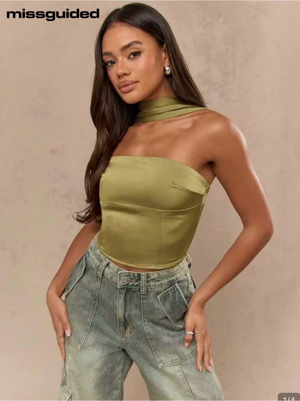 Missguided Olive Satin Strapless Crop Top with Neck Wrap